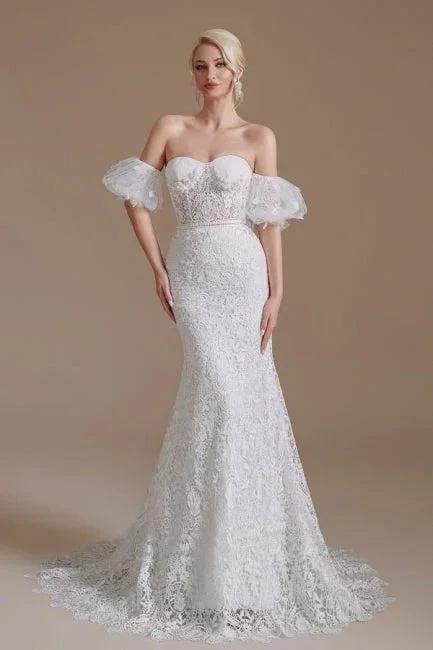 Beautiful Off-the-shoulder Sleeveless Mermaid Floor-Length Lace Wedding Dresses with Applique by misshow.com