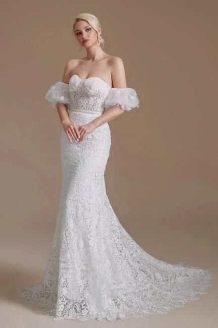 Beautiful Off-the-shoulder Sleeveless Mermaid Floor-Length Lace Wedding Dresses with Applique by misshow.com