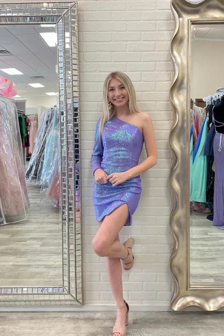 Beautiful One Shoulder Long sleeve Sequined Homecoming Dress by misshow.com