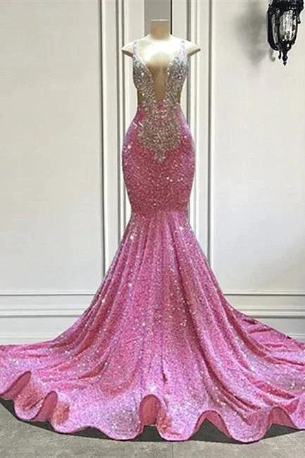Beautiful Pink Sequined Sleeveless Straps Floor Length Beading Mermaid Prom Dress by misshow.com