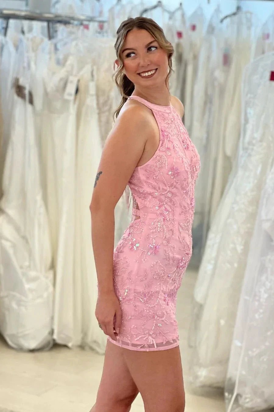 Beautiful Pink Sleeveless Halter Backless Homecoming Dress With Lace by misshow.com