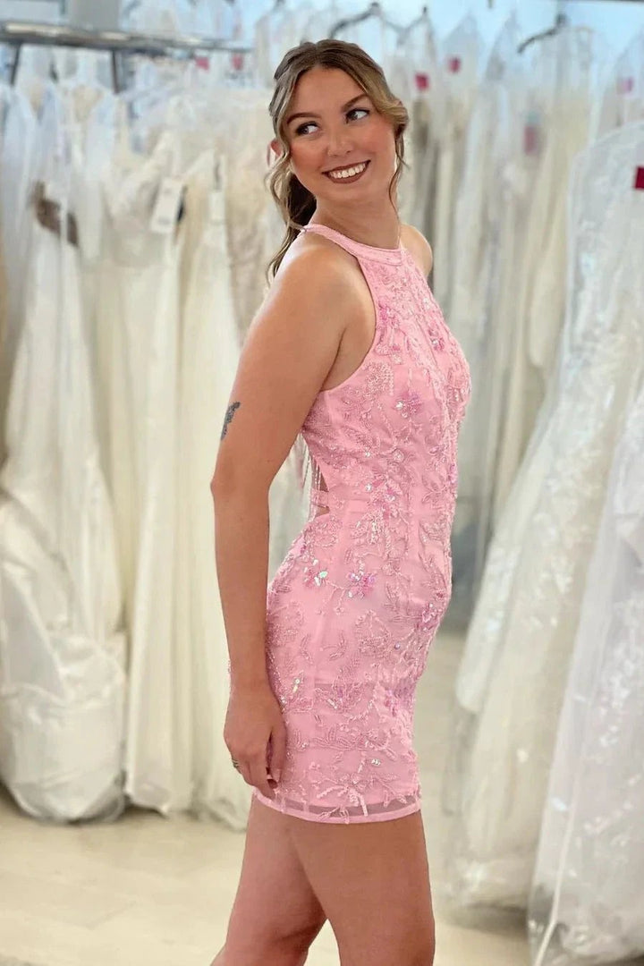 Beautiful Pink Sleeveless Halter Backless Homecoming Dress With Lace by misshow.com