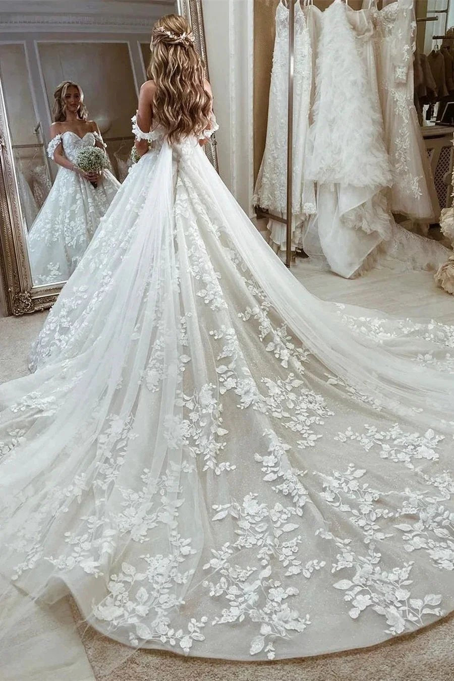 Beautiful Princess Off-the-shoulder A-line Appliques Wedding Dress With Train by misshow.com