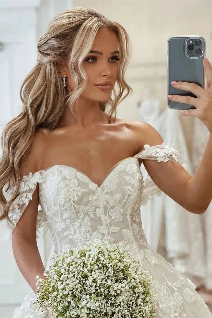 Beautiful Princess Off-the-shoulder A-line Appliques Wedding Dress With Train by misshow.com