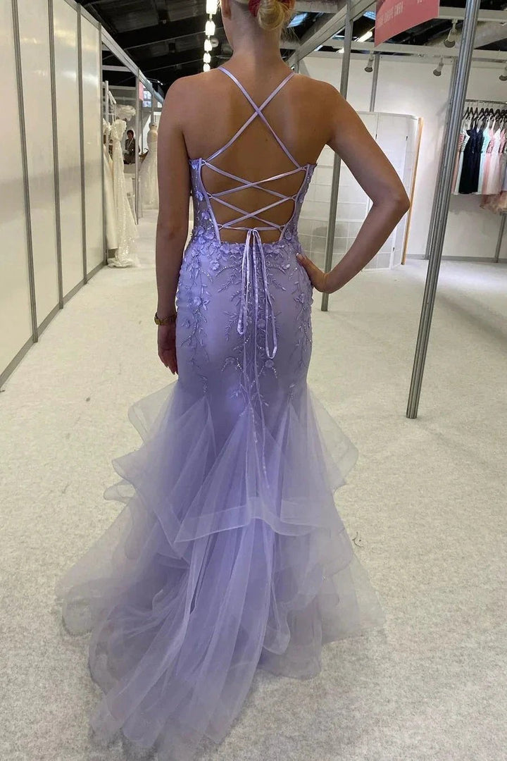 Beautiful Purple Spaghetti Straps Lace Sleeveless Prom Dress With Slit by misshow.com