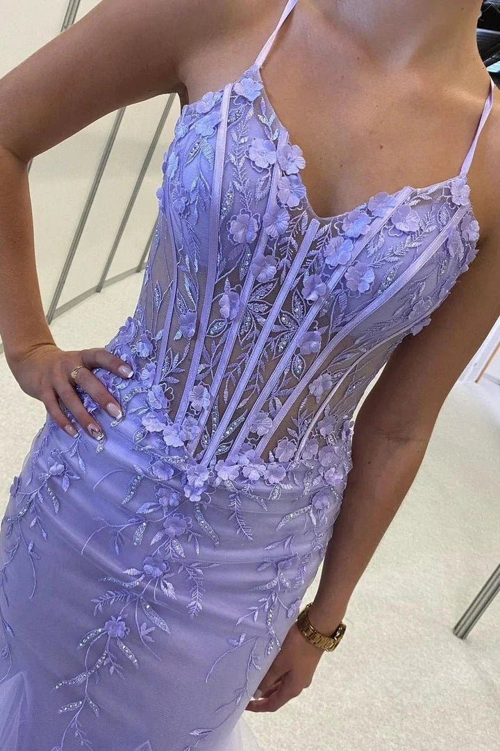 Beautiful Purple Spaghetti Straps Lace Sleeveless Prom Dress With Slit by misshow.com