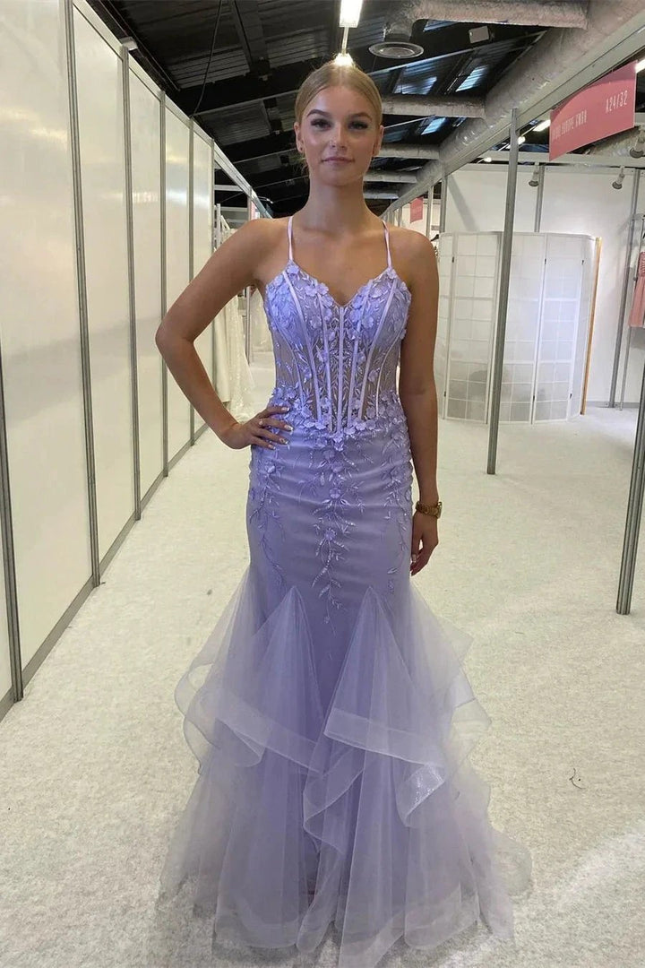 Beautiful Purple Spaghetti Straps Lace Sleeveless Prom Dress With Slit by misshow.com