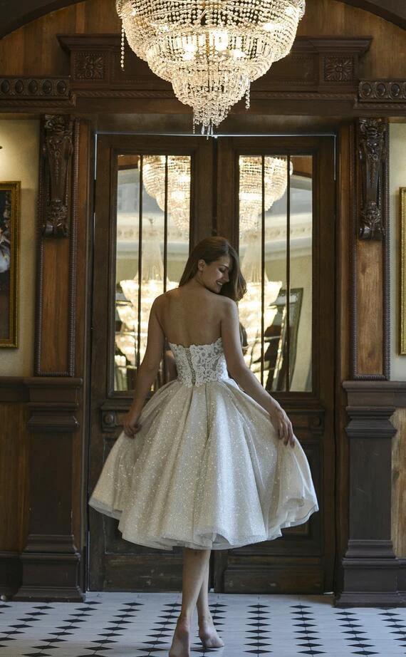 Beautiful Short A-line Glitter Off-the-Shoulder Lace Appliques Wedding Dress by BIZTUNNEL