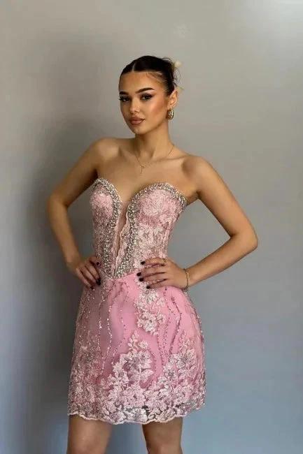 Beautiful Short Column Satin Lace Sweetheart Sleeveless Pink Homecoming Dresses With Appliques by misshow.com