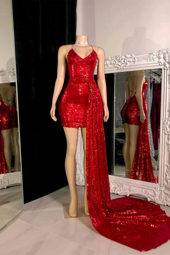 Beautiful Spaghetti Strap Sleeveless Mini Prom Dress With Train by misshow.com