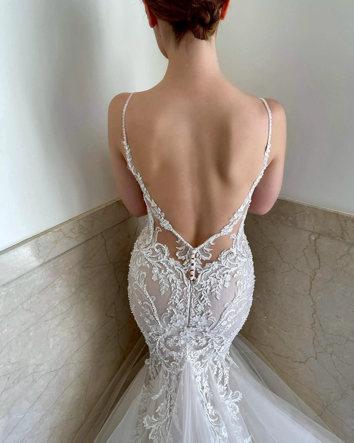 Beautiful Spaghetti-Straps Lace Wedding Dress On Sale Mermaid Dresses for Weddings by misshow.com