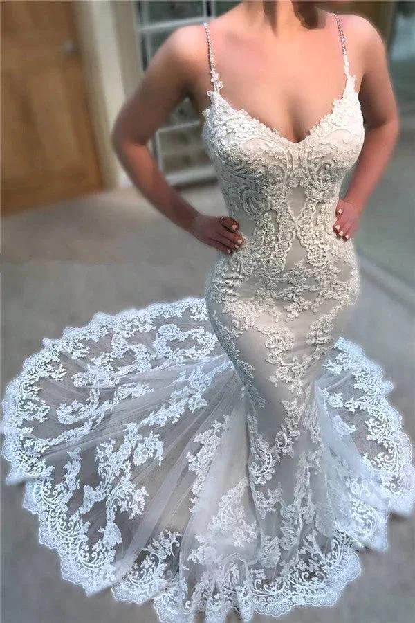 Beautiful Spaghetti-Straps Lace Wedding Dress On Sale Mermaid Dresses for Weddings by misshow.com
