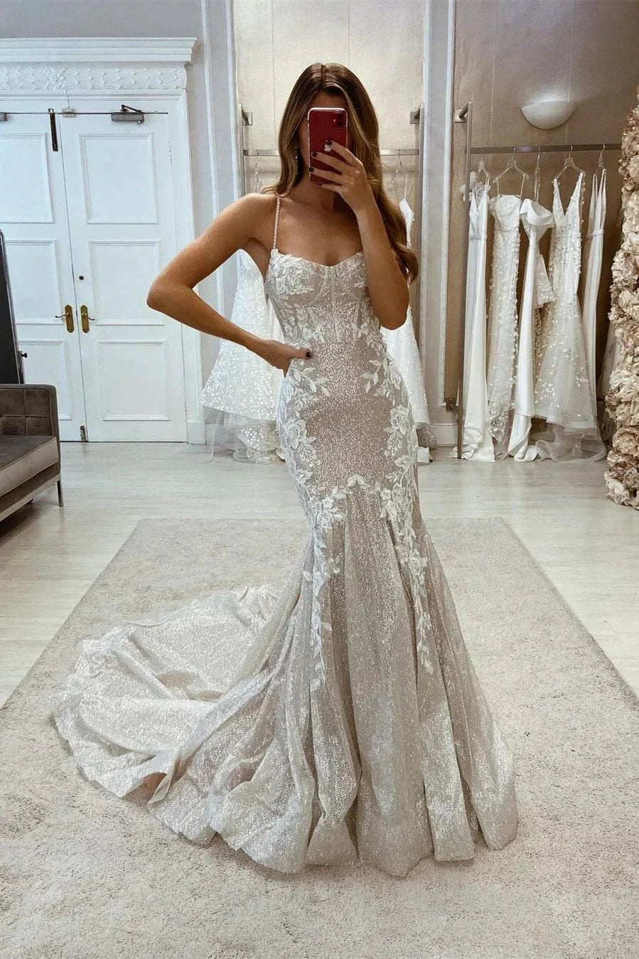 Beautiful Spaghetti Straps Mermaid Sleeveless Glitter Wedding Dress With Train by misshow.com