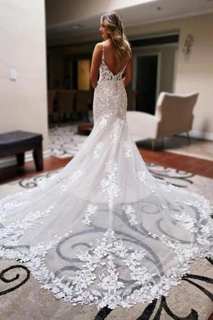 Beautiful Spaghetti Straps V-neck Blackless Lace Mermaid Wedding Dresses by misshow.com