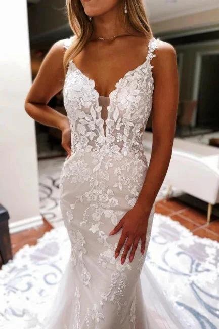 Beautiful Spaghetti Straps V-neck Blackless Lace Mermaid Wedding Dresses by misshow.com