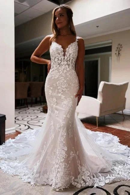Beautiful Spaghetti Straps V-neck Blackless Lace Mermaid Wedding Dresses by misshow.com