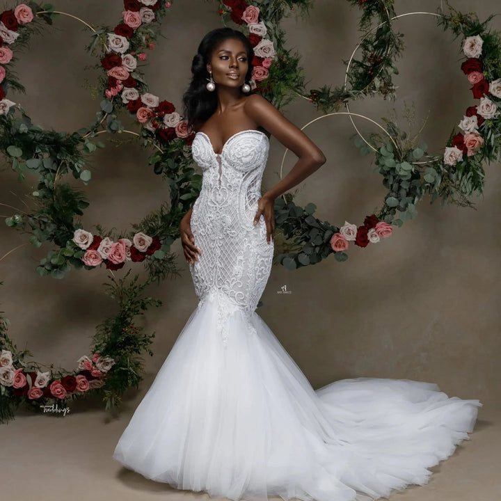 Beautiful Strapless Sweetheart Lace Mermaid Wedding Dress With Applique by misshow.com