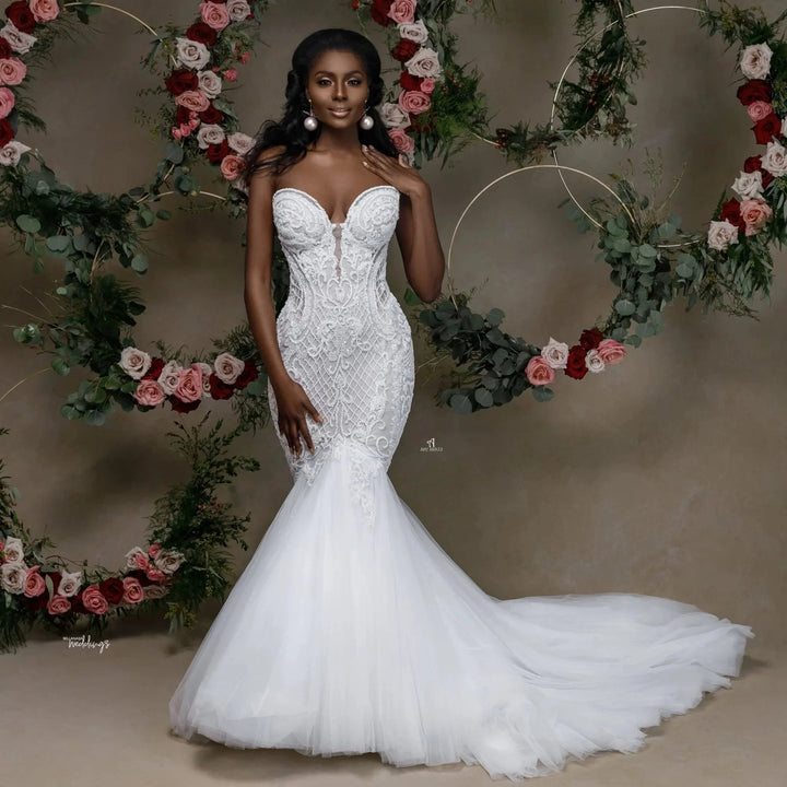Beautiful Strapless Sweetheart Lace Mermaid Wedding Dress With Applique by misshow.com