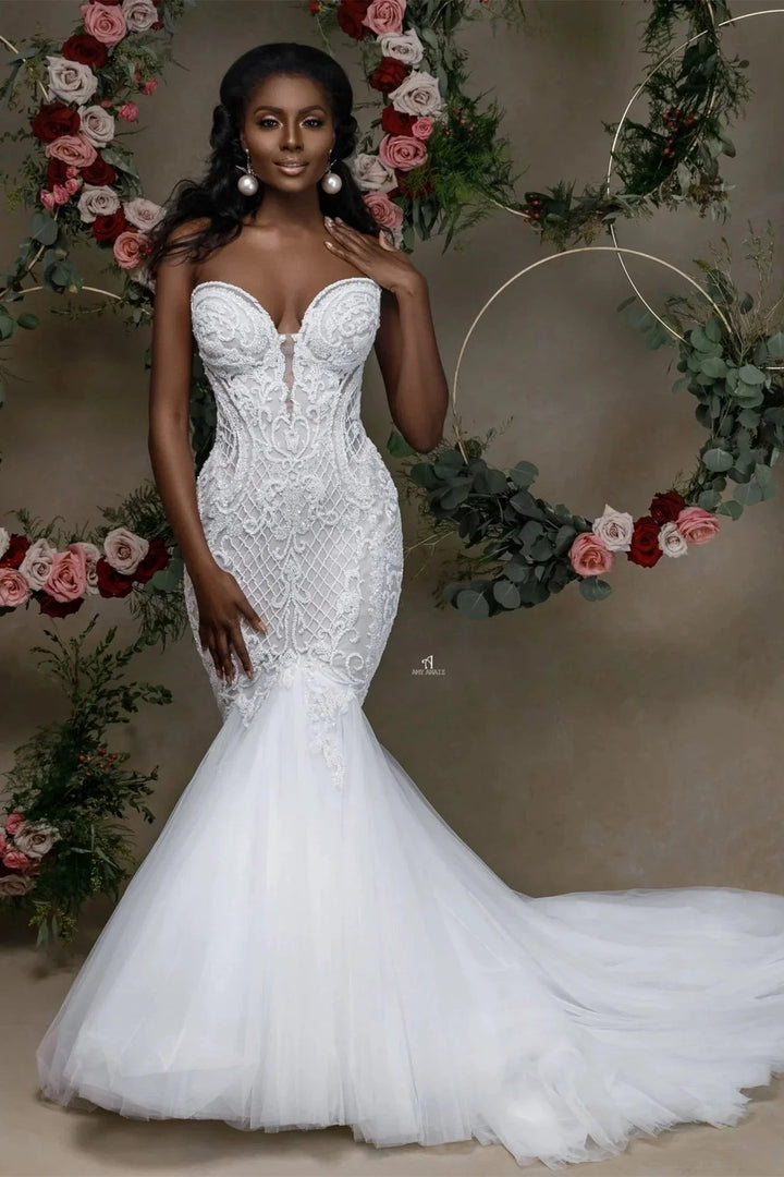 Beautiful Strapless Sweetheart Lace Mermaid Wedding Dress With Applique by misshow.com