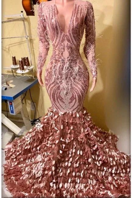 Beautiful V-Neck Long Sleeves Lace Mermaid Prom Dress with Appliques by misshow.com