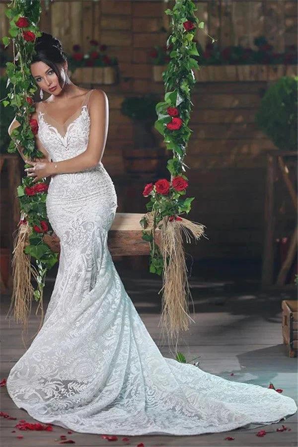 Beautiful V-Neck Mermaid Wedding Dress Long Stunning Lace Ope Back Tulle Straps Bridal Wears by misshow.com