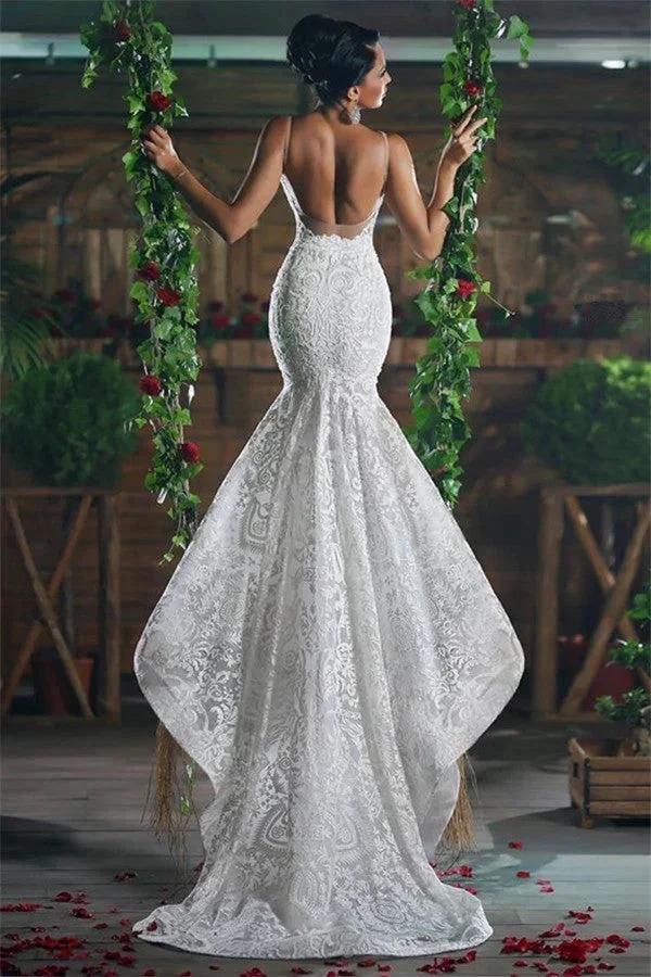 Beautiful V-Neck Mermaid Wedding Dress Long Stunning Lace Ope Back Tulle Straps Bridal Wears by misshow.com