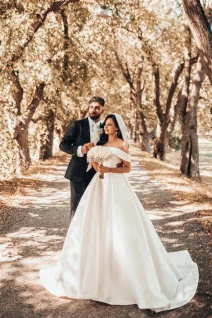 Beautiful White A-line Off-the-shoulder Satin Wedding Dress by misshow.com