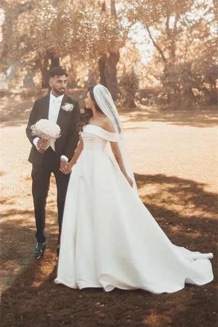 Beautiful White A-line Off-the-shoulder Satin Wedding Dress by misshow.com