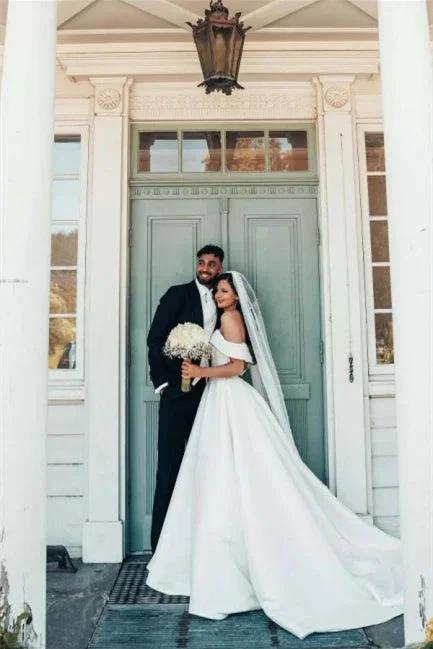 Beautiful White A-line Off-the-shoulder Satin Wedding Dress by misshow.com