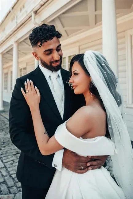 Beautiful White A-line Off-the-shoulder Satin Wedding Dress by misshow.com
