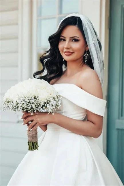 Beautiful White A-line Off-the-shoulder Satin Wedding Dress by misshow.com