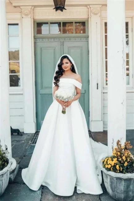 Beautiful White A-line Off-the-shoulder Satin Wedding Dress by misshow.com