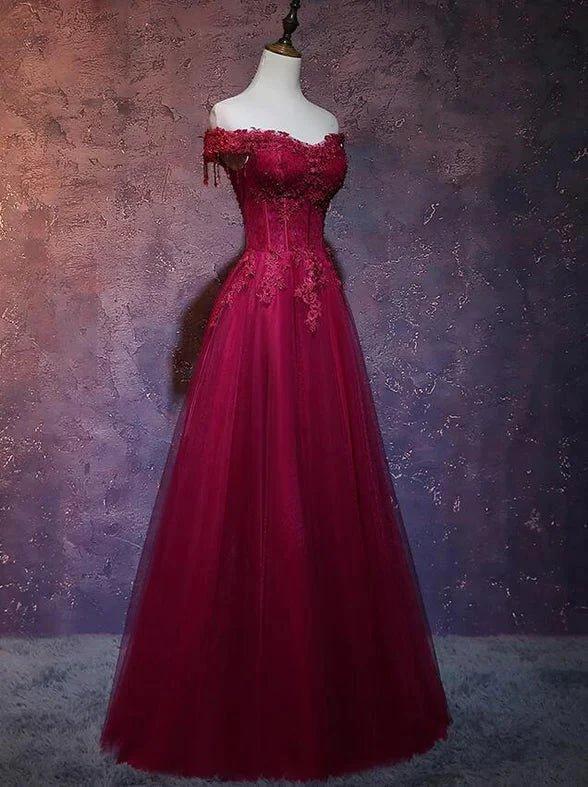 Beautiful Wine Red Tulle Sweetheart Long Prom Dress A-line Party Dress by luodress