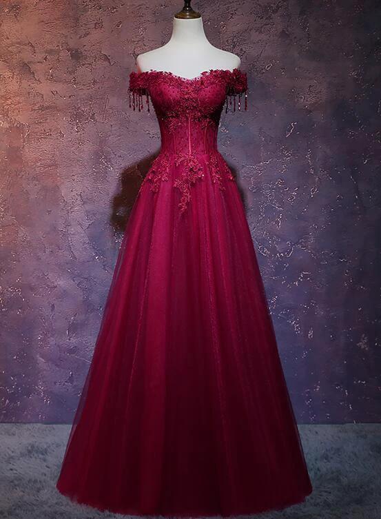 Beautiful Wine Red Tulle Sweetheart Long Prom Dress A-line Party Dress by luodress