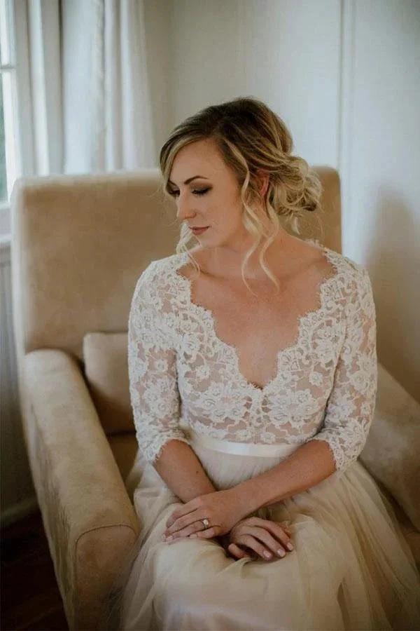 Belt Tulle V-neck Half Sleeves A-line Wedding Dress Bridal Gown WD401 by pgmdress