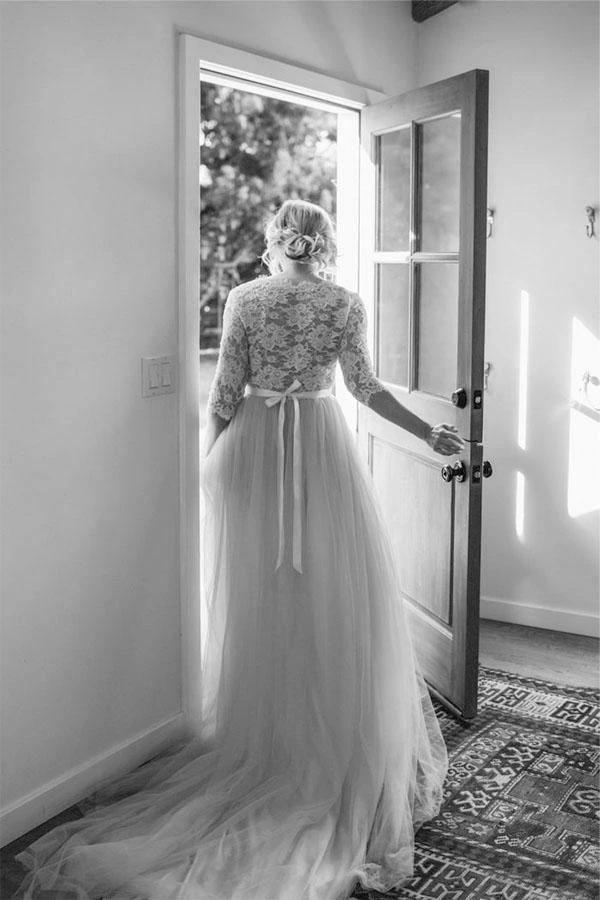 Belt Tulle V-neck Half Sleeves A-line Wedding Dress Bridal Gown WD401 by pgmdress
