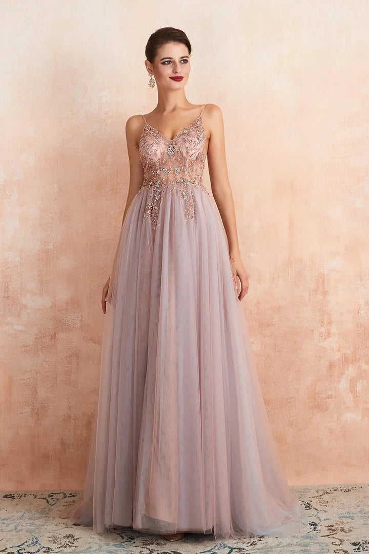 Best Long A-line V-neck Sleeveless Tulle Prom Dress with Slit by BIZTUNNEL