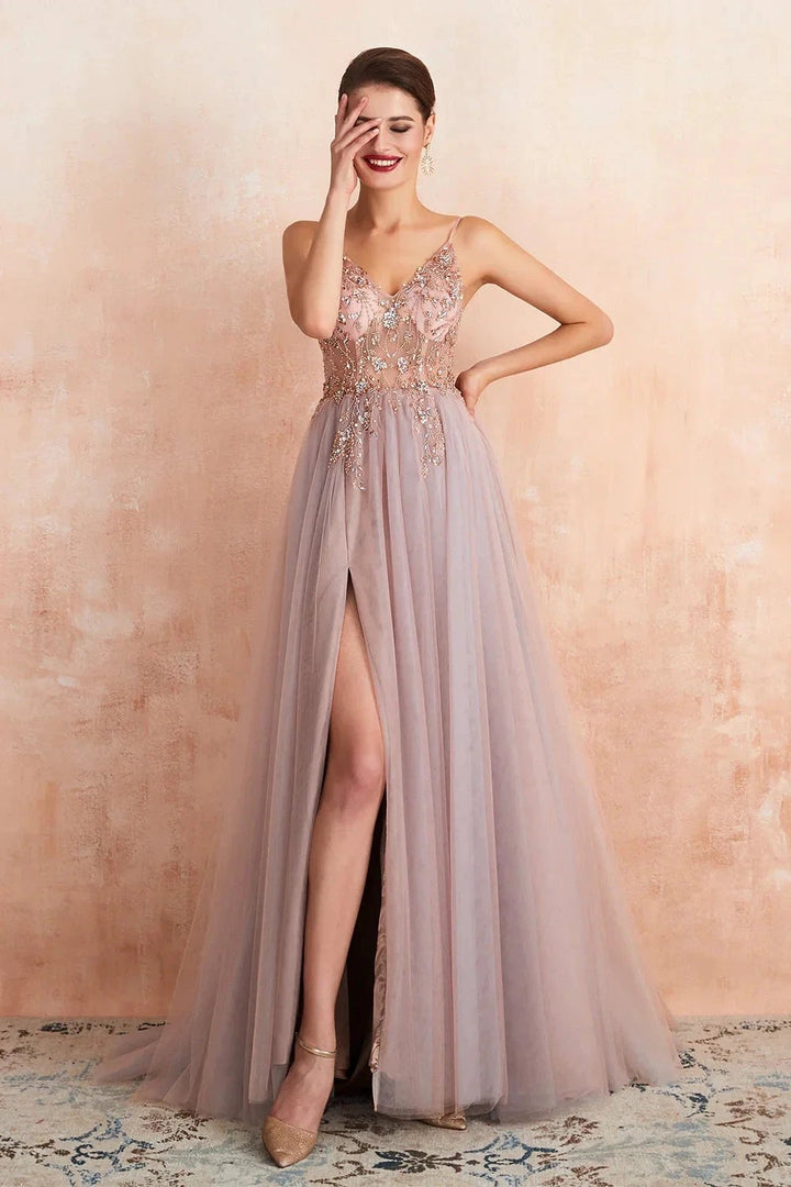 Best Long A-line V-neck Sleeveless Tulle Prom Dress with Slit by BIZTUNNEL