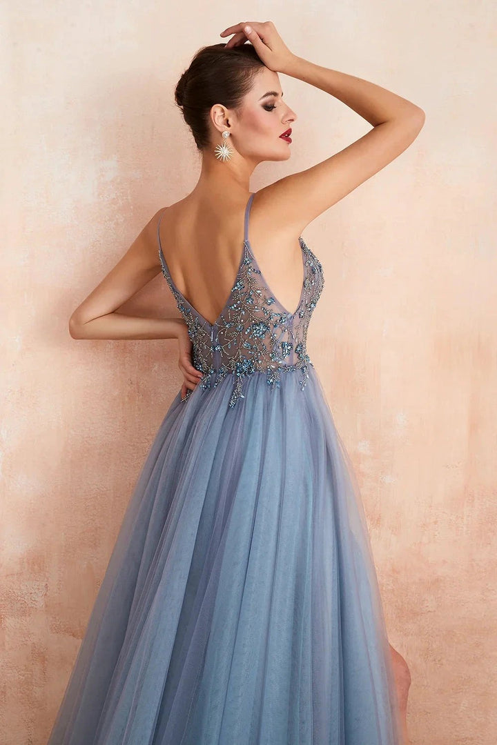 Best Long A-line V-neck Sleeveless Tulle Prom Dress with Slit by BIZTUNNEL