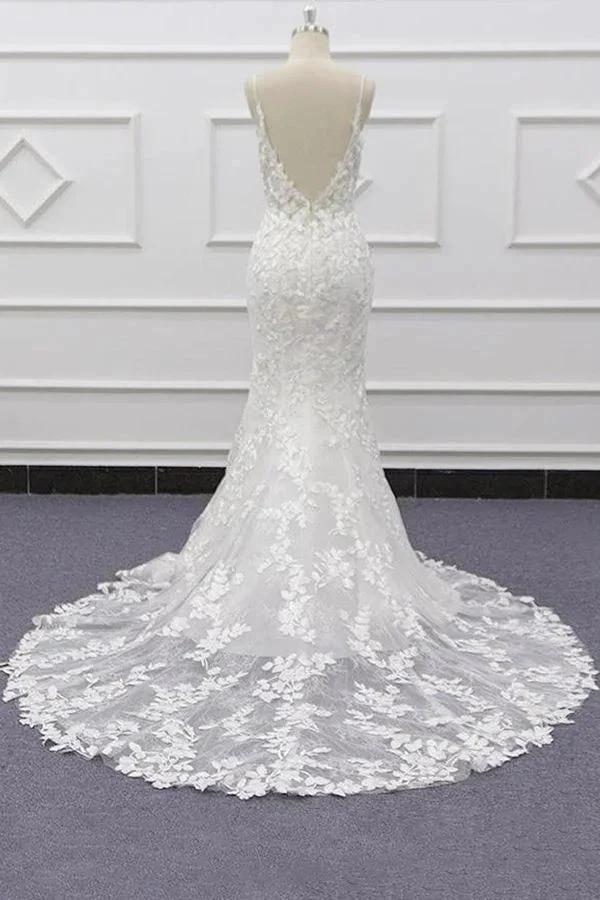Best Long Mermaid Spaghetti Strap Appliques Lace Wedding Dress by BIZTUNNEL