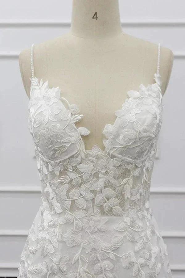Best Long Mermaid Spaghetti Strap Appliques Lace Wedding Dress by BIZTUNNEL