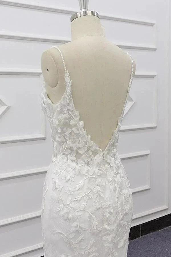 Best Long Mermaid Spaghetti Strap Appliques Lace Wedding Dress by BIZTUNNEL