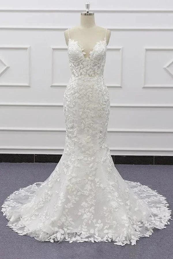 Best Long Mermaid Spaghetti Strap Appliques Lace Wedding Dress by BIZTUNNEL