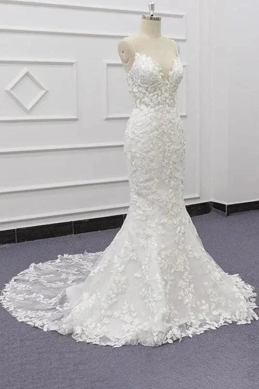 Best Spaghetti Strap Appliques Mermaid Elegant Wedding Dresses by misshow.com