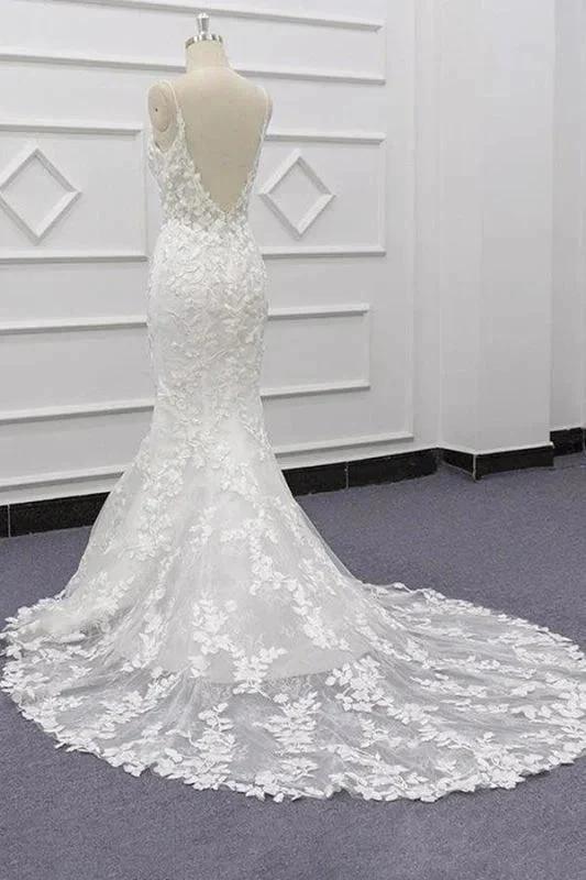Best Spaghetti Strap Appliques Mermaid Elegant Wedding Dresses by misshow.com