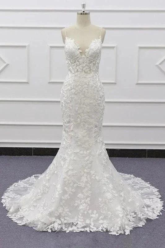 Best Spaghetti Strap Appliques Mermaid Elegant Wedding Dresses by misshow.com