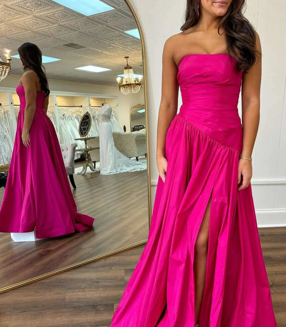 Beth | Fuchsia Strapless Taffeta A-line Long Formal Dress by KissProm