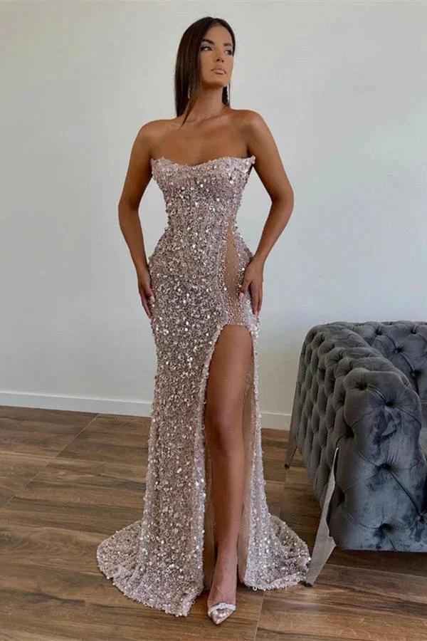 Robe de bal longue sirène chic Biztunnel sans bretelles ornée de paillettes avec fente