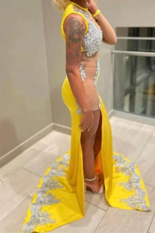 Biztunnel Fabulous Yellow Long Mermaid Jewel Satin Beading Prom Dress with Slit by BIZTUNNEL