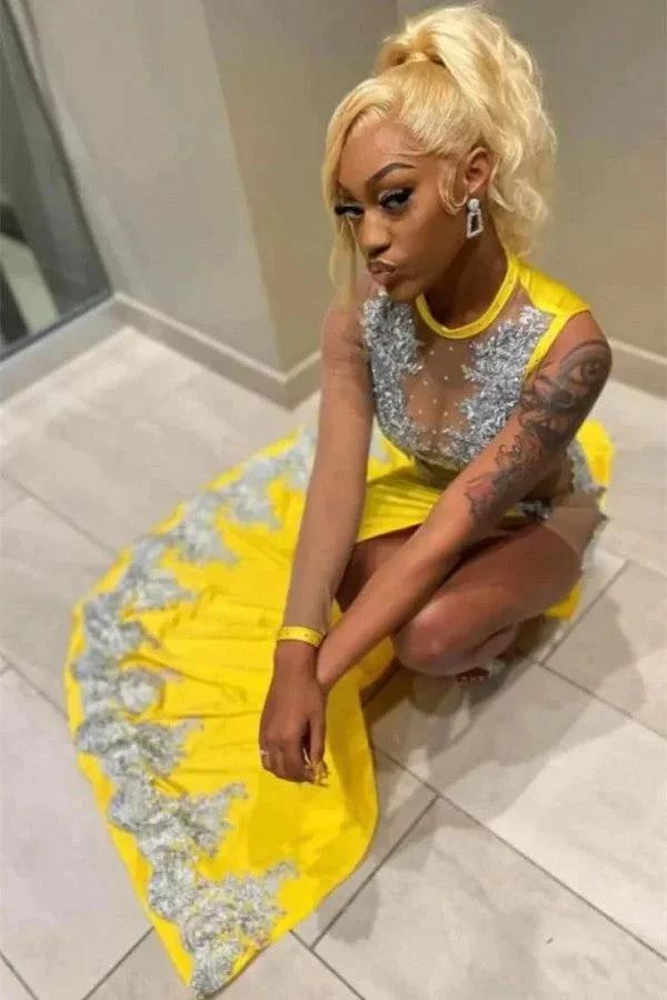 Biztunnel Fabulous Yellow Long Mermaid Jewel Satin Beading Prom Dress with Slit by BIZTUNNEL